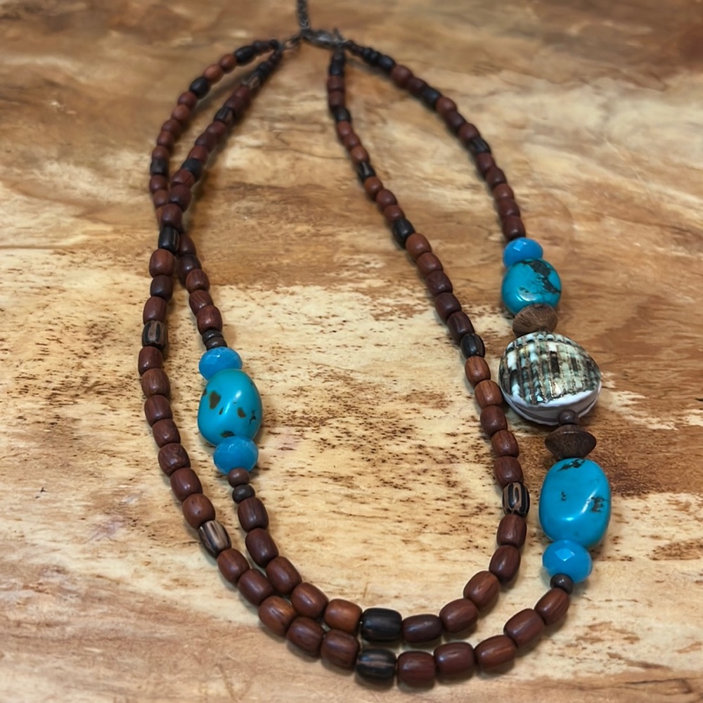 Wood bead necklace with turquoise accents